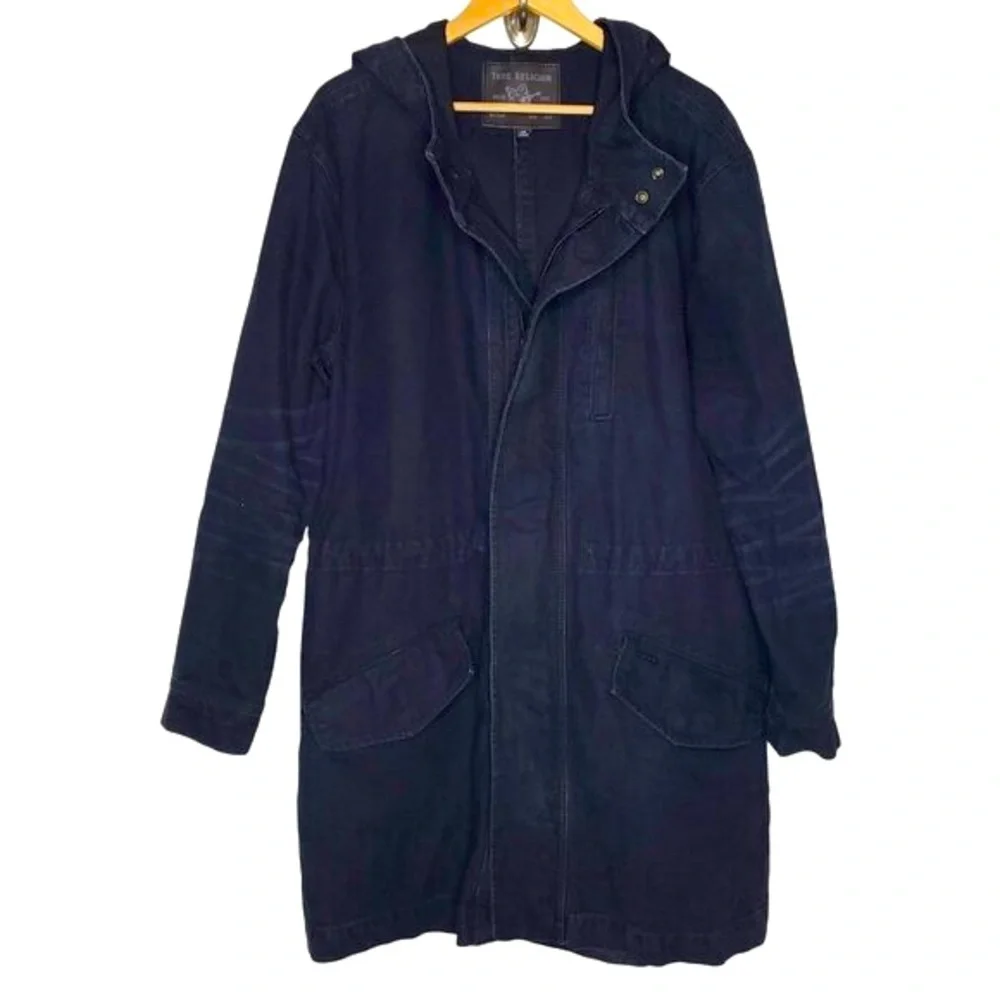 True Religion Canvas Trench Coat Men's Long‎  Weighted Weathered Navy Winter S